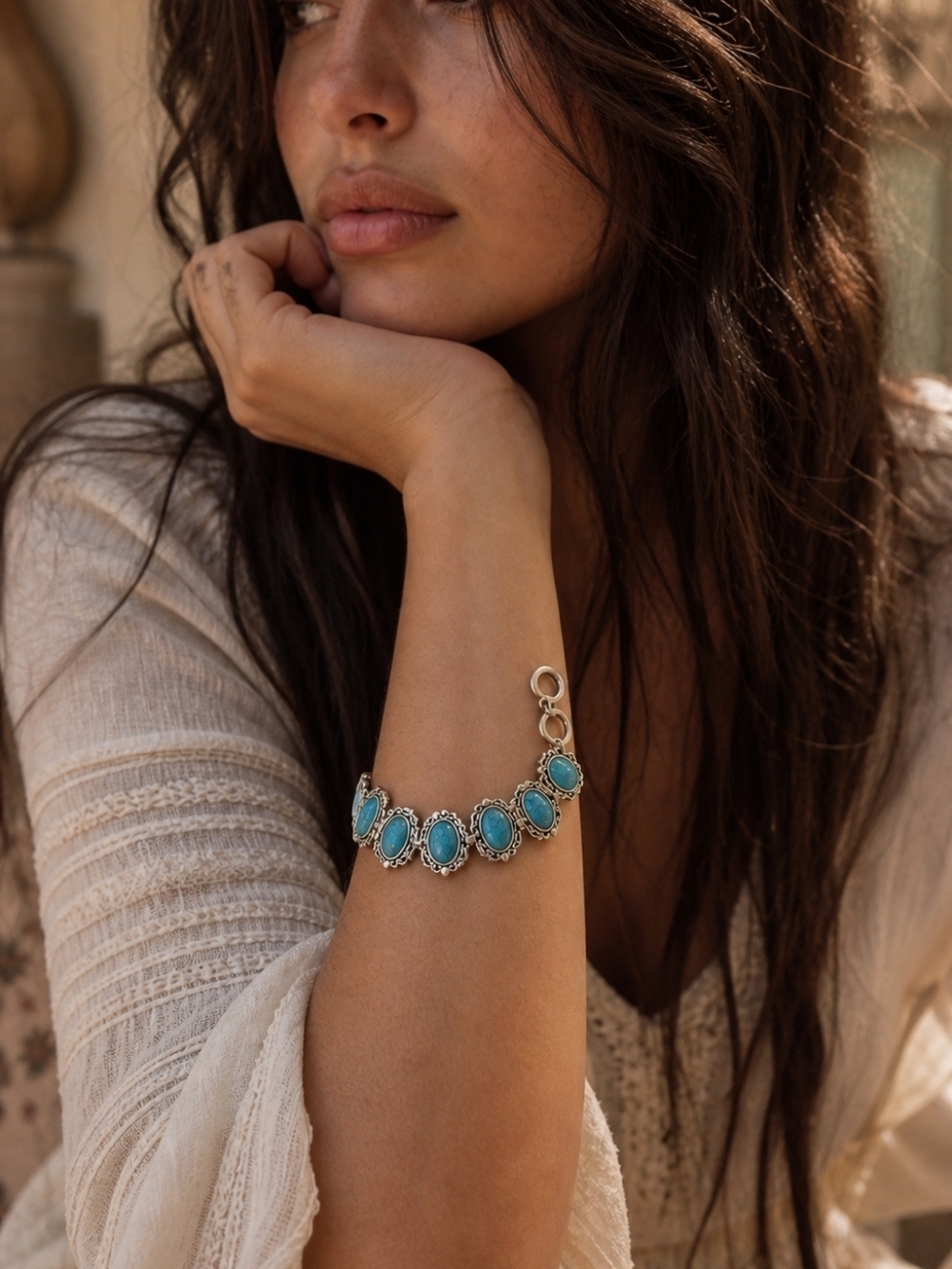 4/$15 Turquoise Oval Stone Silver-Link Bracelet - Women